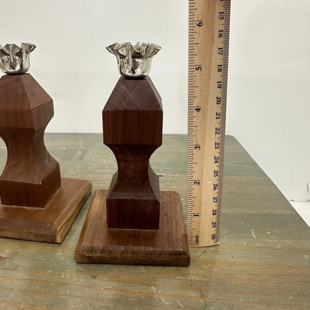 Vintage Mid Century Wood Candle Holders Pair Geometric Carved Taper Candlesticks